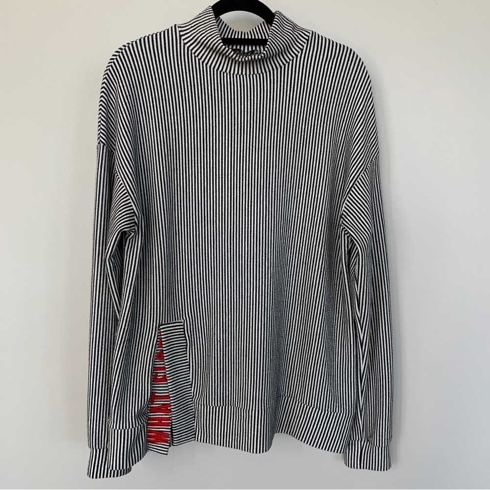 Zara Trafaluc Black‎ & White Striped Mock Neck Long Sleeve Top Size L